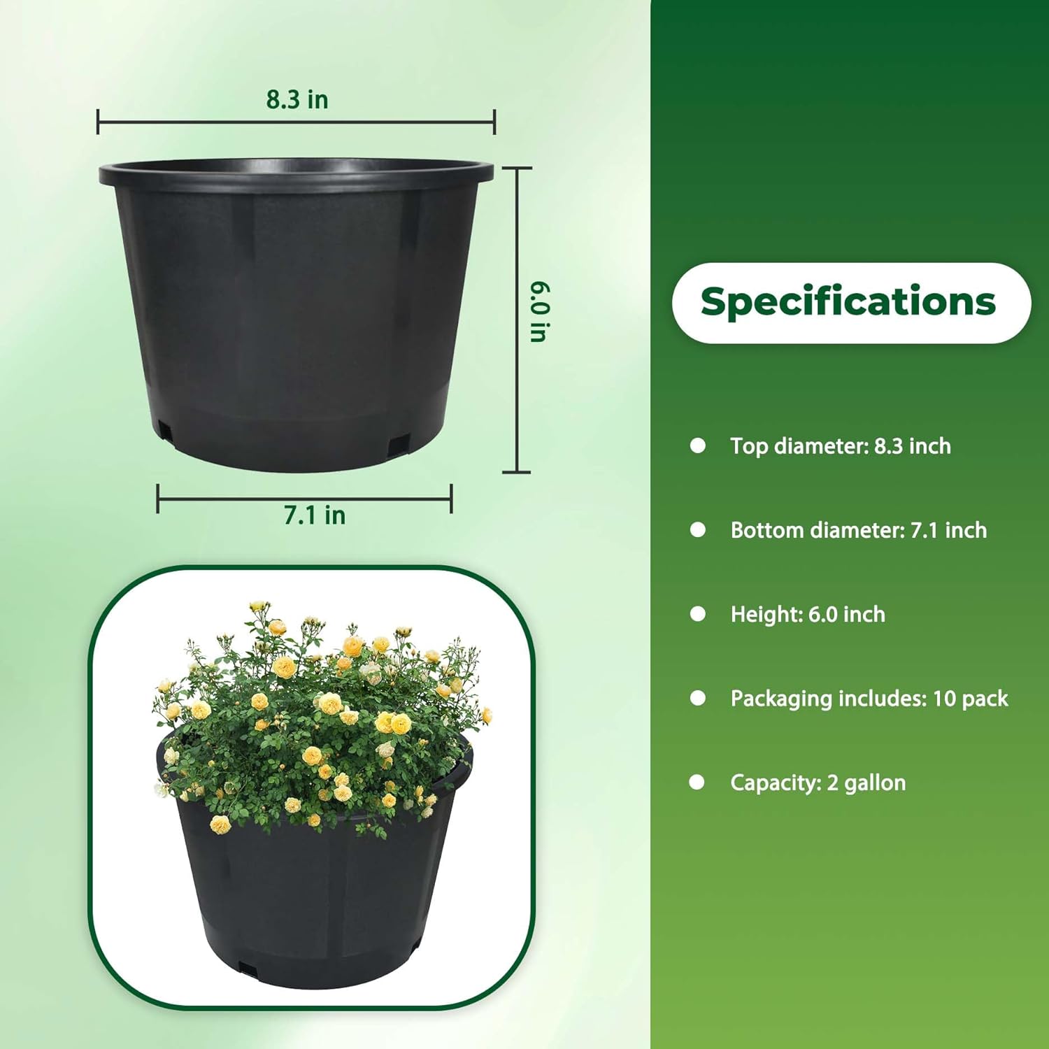10-Pack 2 Gallon Short Black Nursery Pot Planter Grower Flower Pot Garden Seedling Planters Containers, Plastic Injection Molded Pots with Drainage Holes for Outdoor Indoor Plants