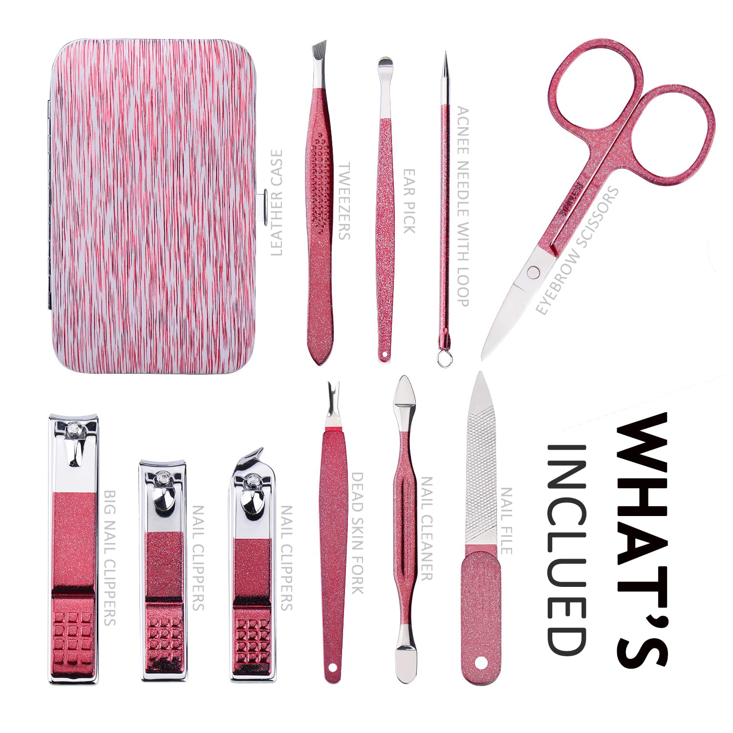 HANTEKAS Manicure Set 10 in 1 Stainless Steel, Nail Clippers Scissors Pedicure Tools Kit - Portable Travel Grooming Kit for Men and Women with Leather Case (Rose Red)