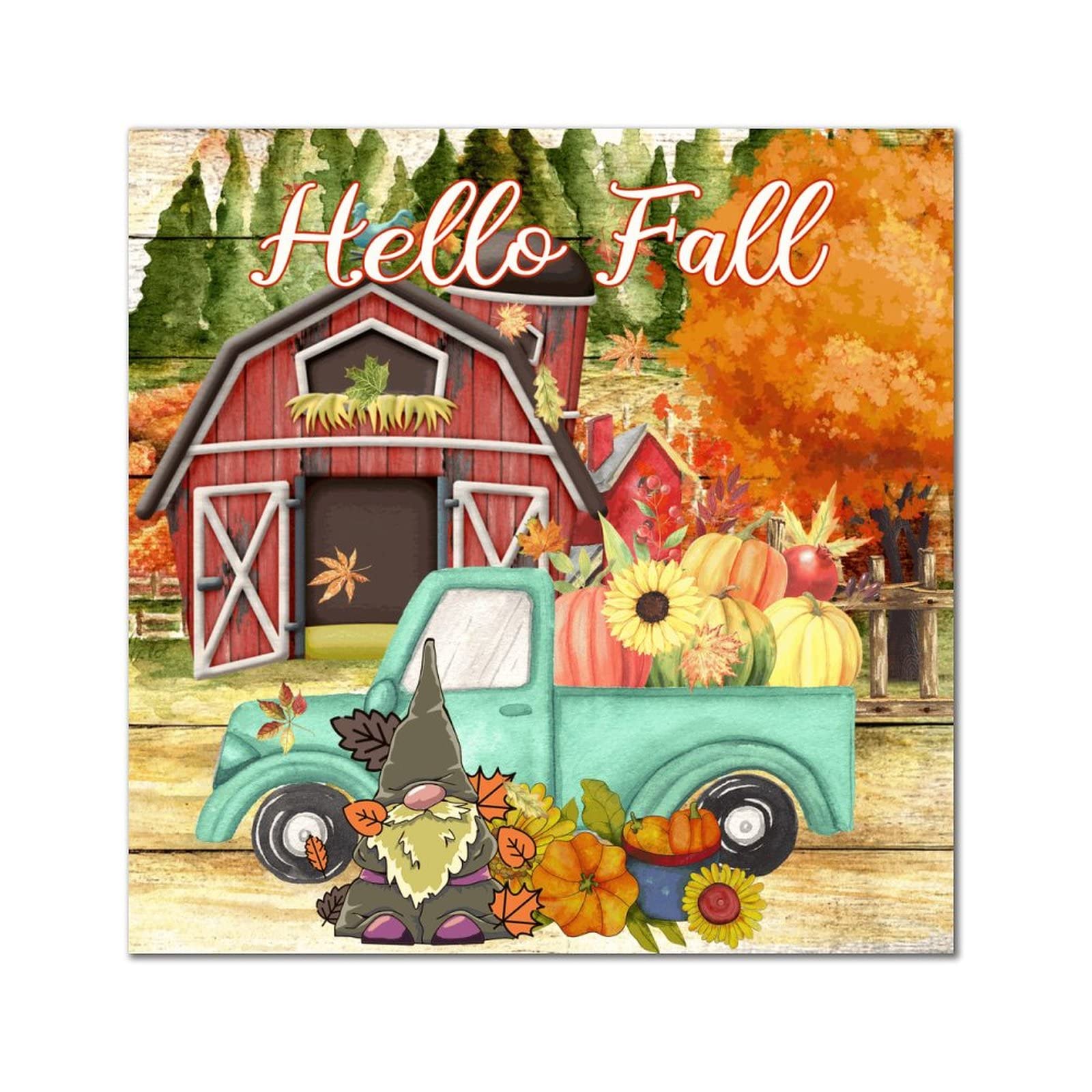 Panneau bois Hello Fall citrouille 30x30 cm pour deco murale maison