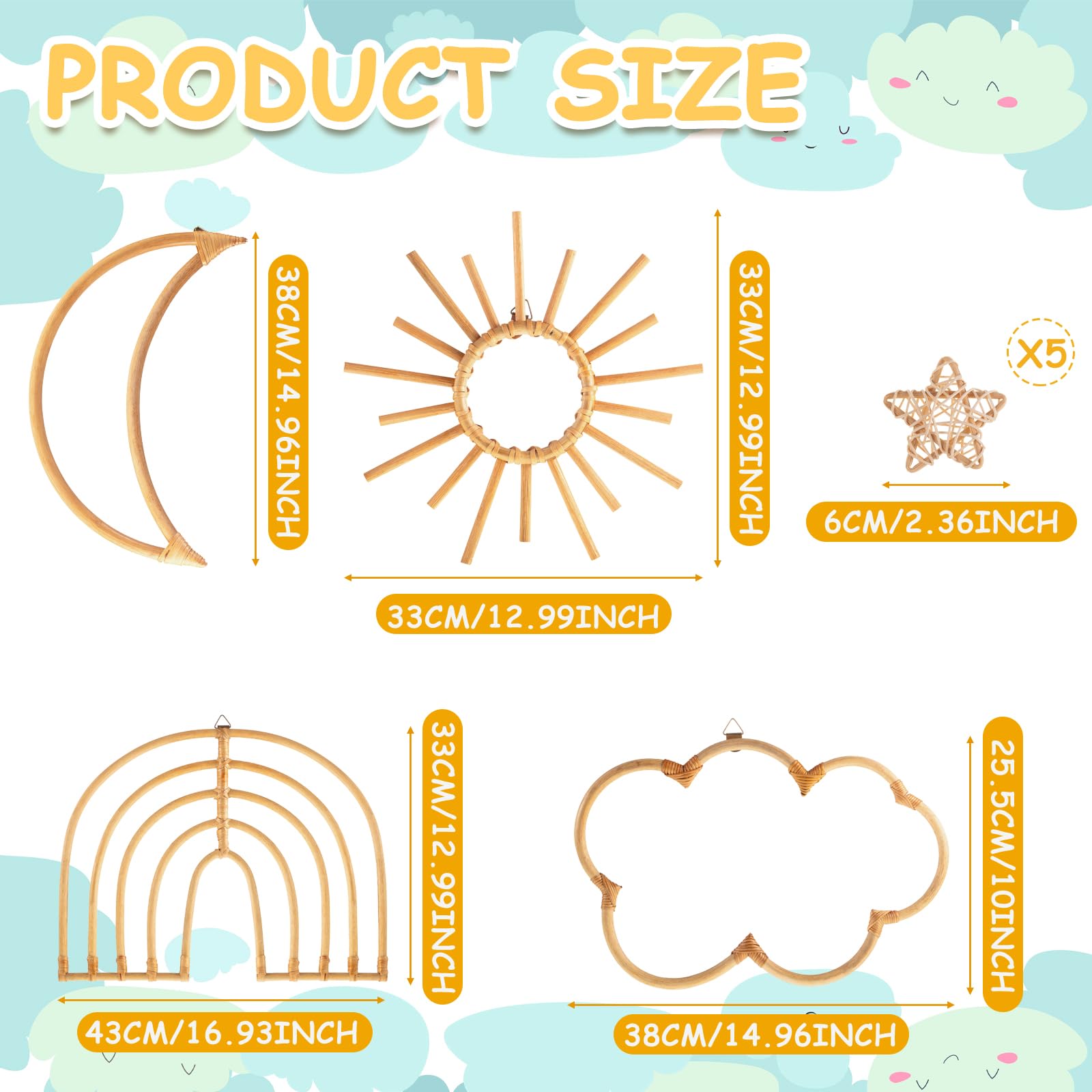 Thyle 10 Pcs Boho Nursery Decor for Girls and Boys, Rainbow Moon Sun Star and Cloud Wall Decor with Rope Neutral Theme Rattan Decor for Nursery, Baby Room, Playroom
