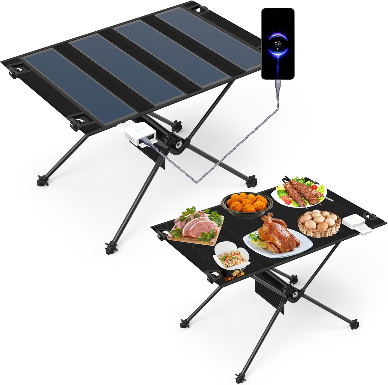 ECOeshiner Solar Folding Table 28W, Camping Table - Solar Charging, Mesh Bag, Two USB Ports, Heat + Water + Splash Resistant, Solar Powered, Beach Table, Picnic Table, Outdoor Table