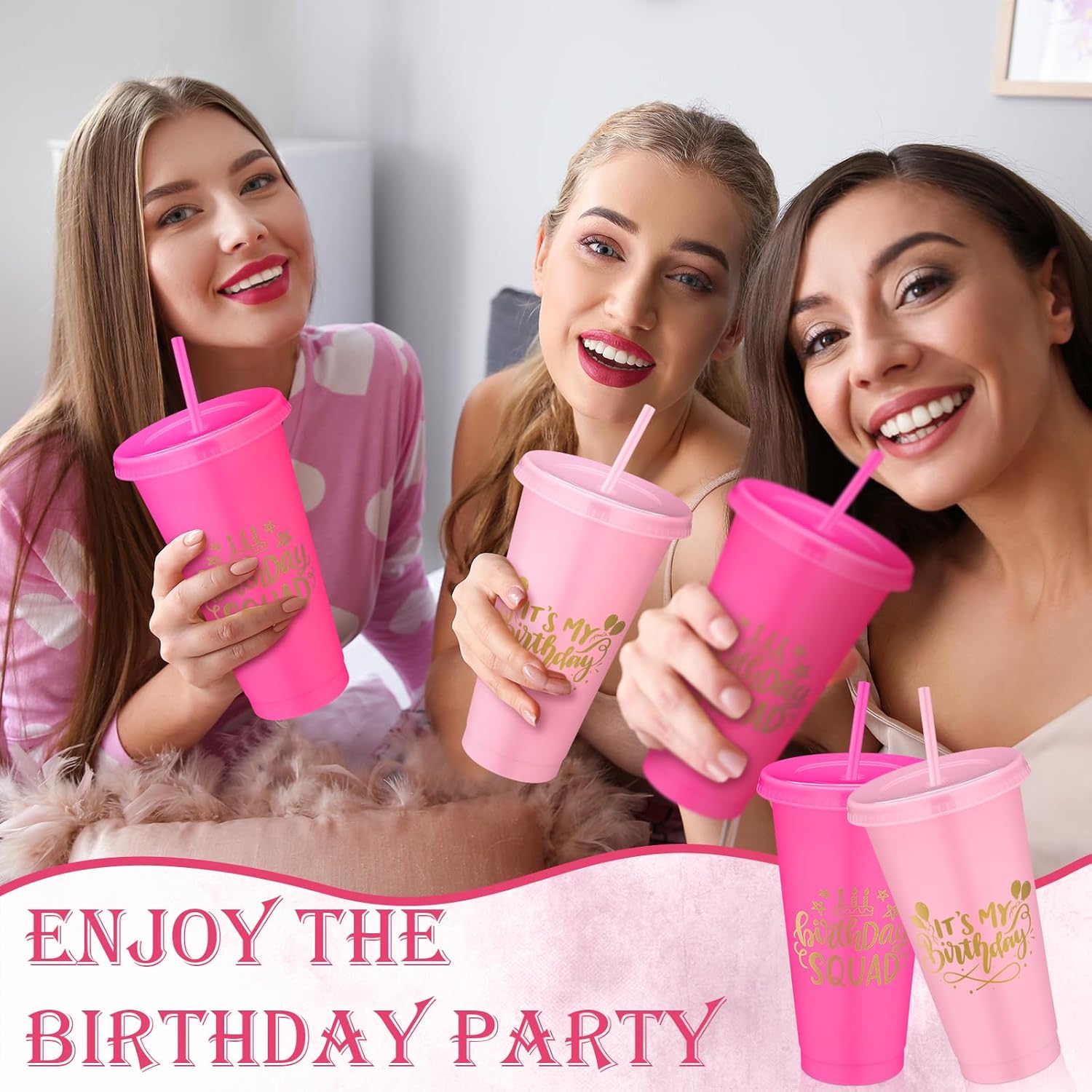 Birthday Party Tumblers 24 oz Squad Plastic Tumblers with Lid and Straw for 20th 30th 40th 50th 60th Birthday Decorations Favor for Women Adults (Pink, Rose Red,12 Pcs) - Image 6