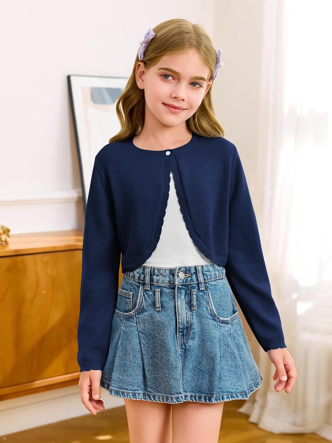Girls Long Sleeve Bolero Cardigan Sweater Kids Cute Button Knit Shrug Cropped Sweaters Tops - Image 2