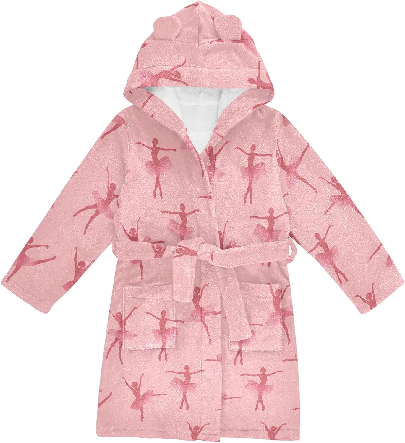 Pink Dancer Pattern Toddler Hooded Bathrobe for Boys Girls Soft Plush Bath Towel Robe 2-12 Years
