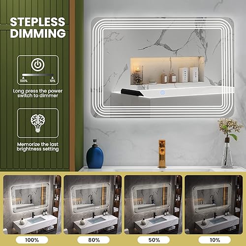 Miniatura 7 de Tangkula Espejo LED de baño, espejo de tocador de maquillaje montado en la pared con botón táctil inteligente, función de atenuación y 3 colores de