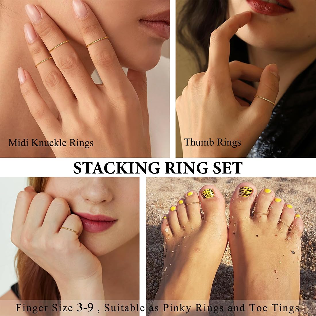7 Pezzi Anelli Impilabili In Acciaio Inox Da Donna, Thin Plain Band Rings Stackable Knuckle Rings, Comfort-Fit 3/4/5/6/7/8/9-D'oro