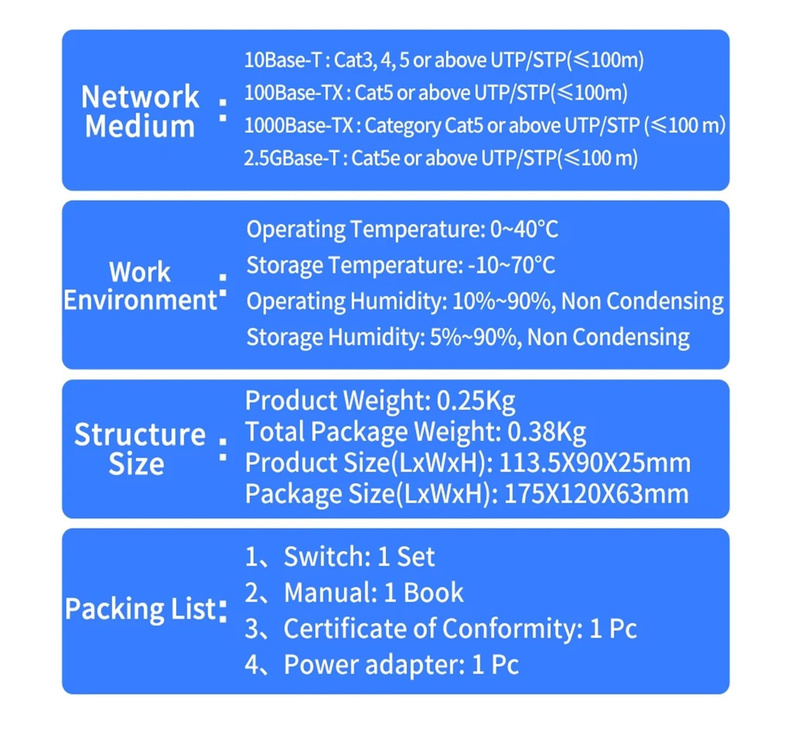 Commutateur réseau Non géré 2,5Gb, 4 Ports, 2,5G, avec 2 Ports 10GbE SF.p+, Configuration Ethernet Plug&Play(A/.U Adapter)