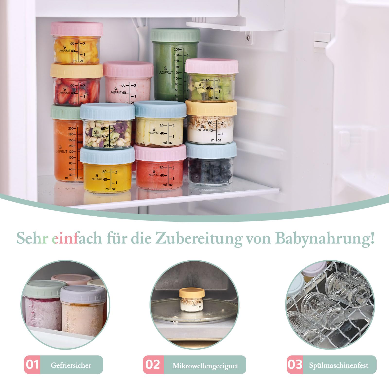 ACEPRUT 14 Stück Glas Babybrei Einfrieren Behälter, Beikost Baby Zubehör, Babynahrung Aufbewahrung, Auslaufsicher, BPA-frei, Mikrowelle, Geschirrspüler & Gefrierschrank sicher