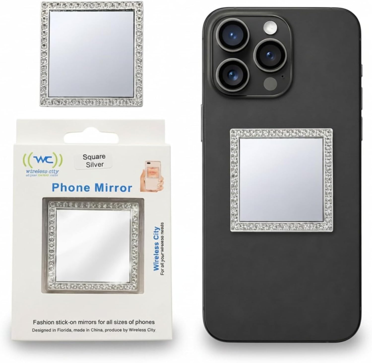 Wireless City Square Phone Mirror Stick-On, Silver Diamond Bling Mini Makeup Mirror with Cubic Zirconia, 5cm Adhesive Mirror Sticker for Phone Case, Pocket Touch-Up Selfie Mirror for Women