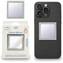 Wireless City Square Phone Mirror Stick-On, Silver Diamond Bling Mini Makeup Mirror with Cubic Zirconia, 5cm Adhesive Mirror Sticker for Phone Case, Pocket Touch-Up Selfie Mirror for Women