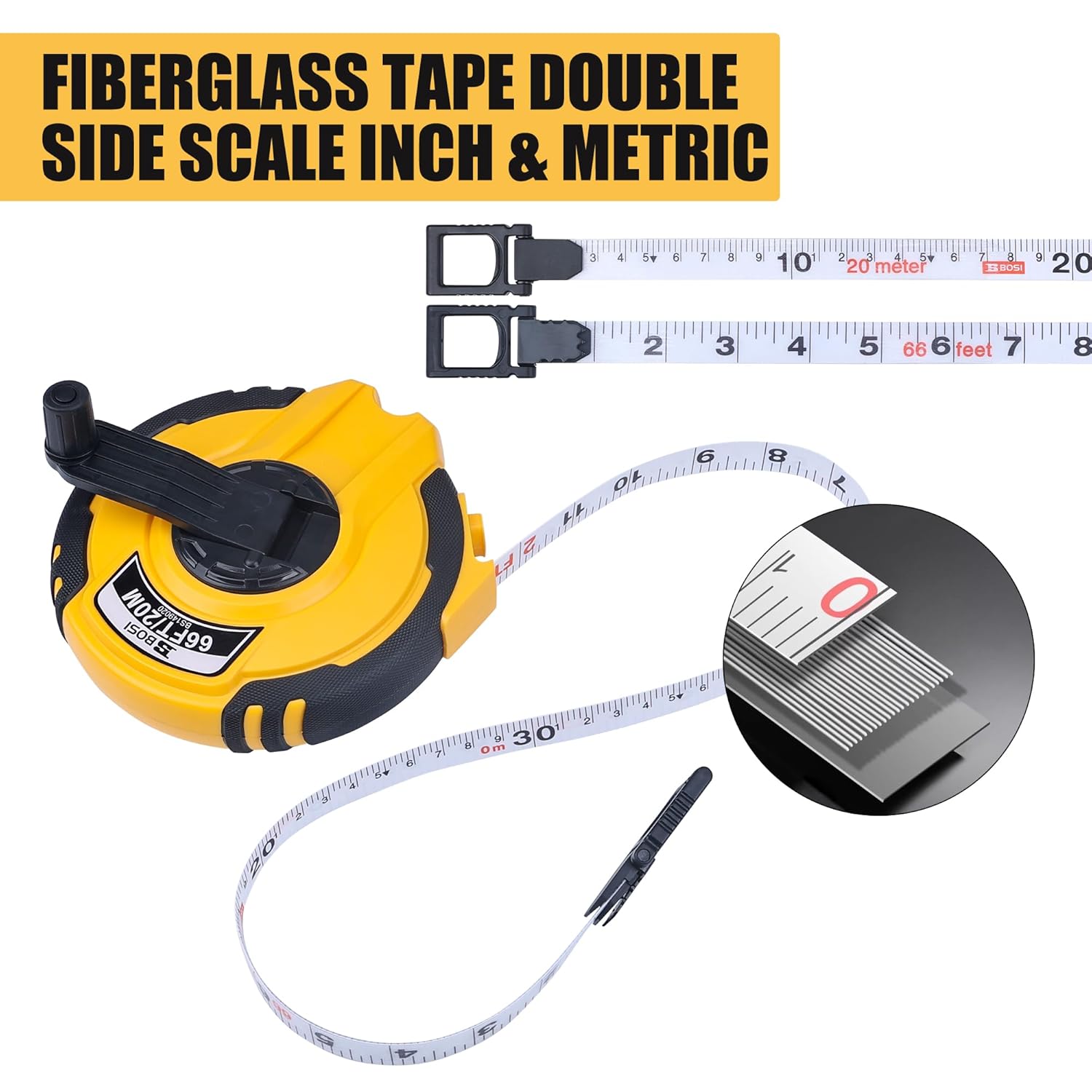 B BOSI 65FT/20M Fiberglass Tape Measure, Self-Lock, 3X Rewind, Inch/Metric Scale