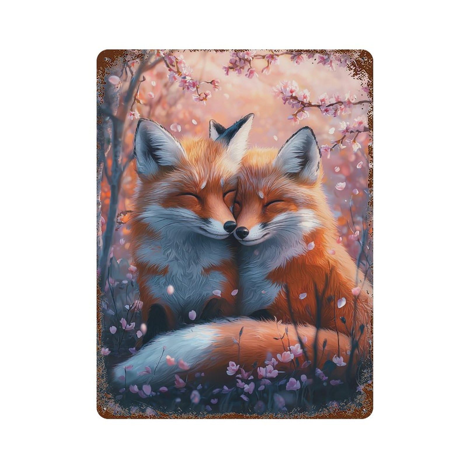Garage Style Foxes in Blossom Bliss Rusty Metal Tin Sign 15.7"x11.8", Decorative Metal Wall Art for Bar And Workshop