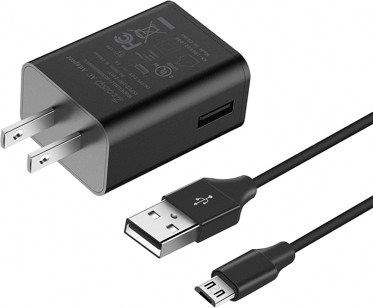 ZtotopCase Kindle Fire Fast Charger, [UL Listed] ZtotopCase AC Adapter 2A Rapid Charger with 5.0 FT Micro-USB Cable for Kindle Fire HD 7 8 10 Tablet and Phones Kids Edition HD 7" 8" 10.1", Black