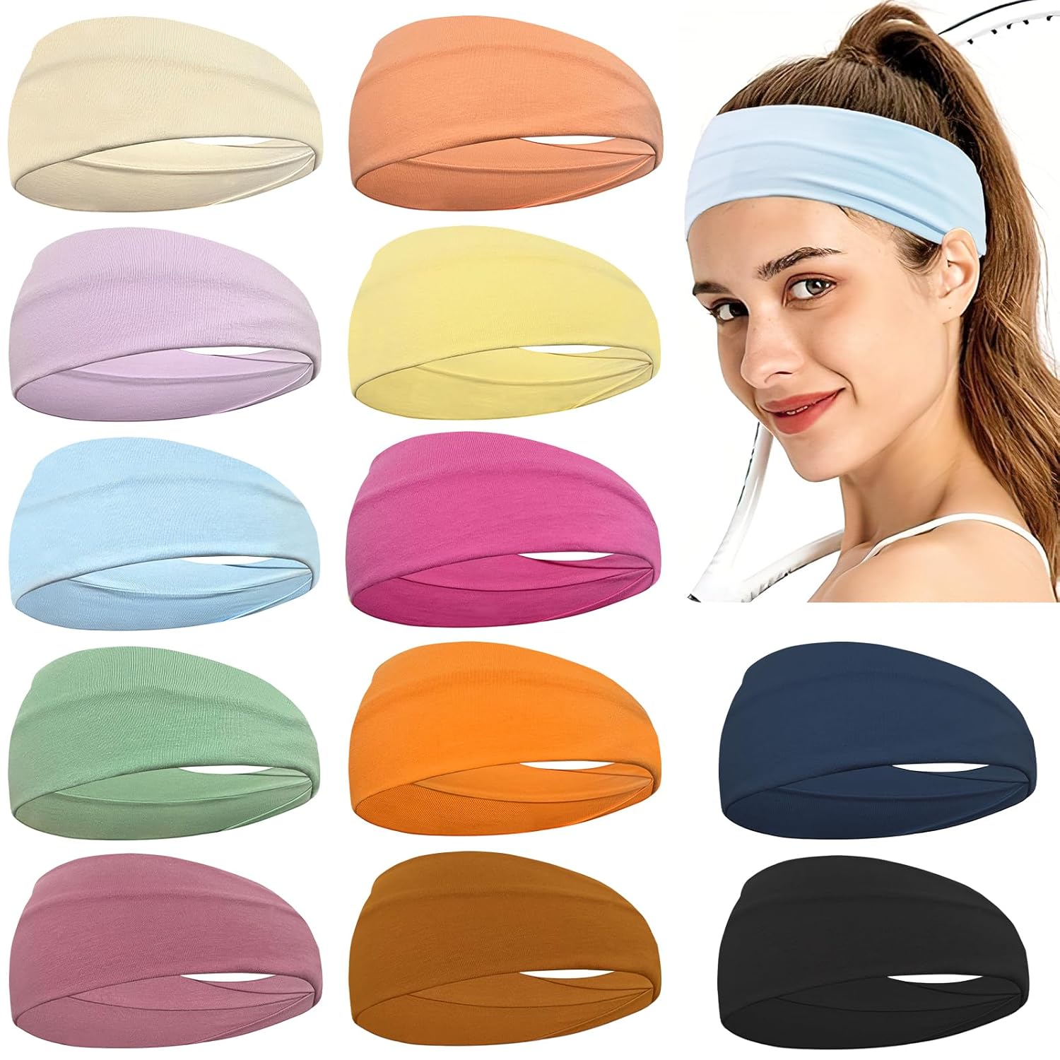 12 Pack Boho Headband Wide Stretchy Daily Use Knotted Headwear Sport Athletic Yoga Gym Hair Accessories for Women and Girls