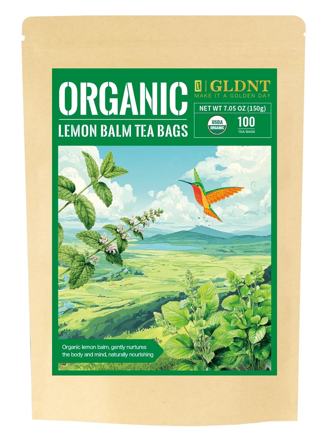 GLDNT Organic Lemon Balm Tea Bags, Natural Lemon Balm Herbal Tea, Lemony & Citrusy Flavor, Caffeine Free, 100 Count