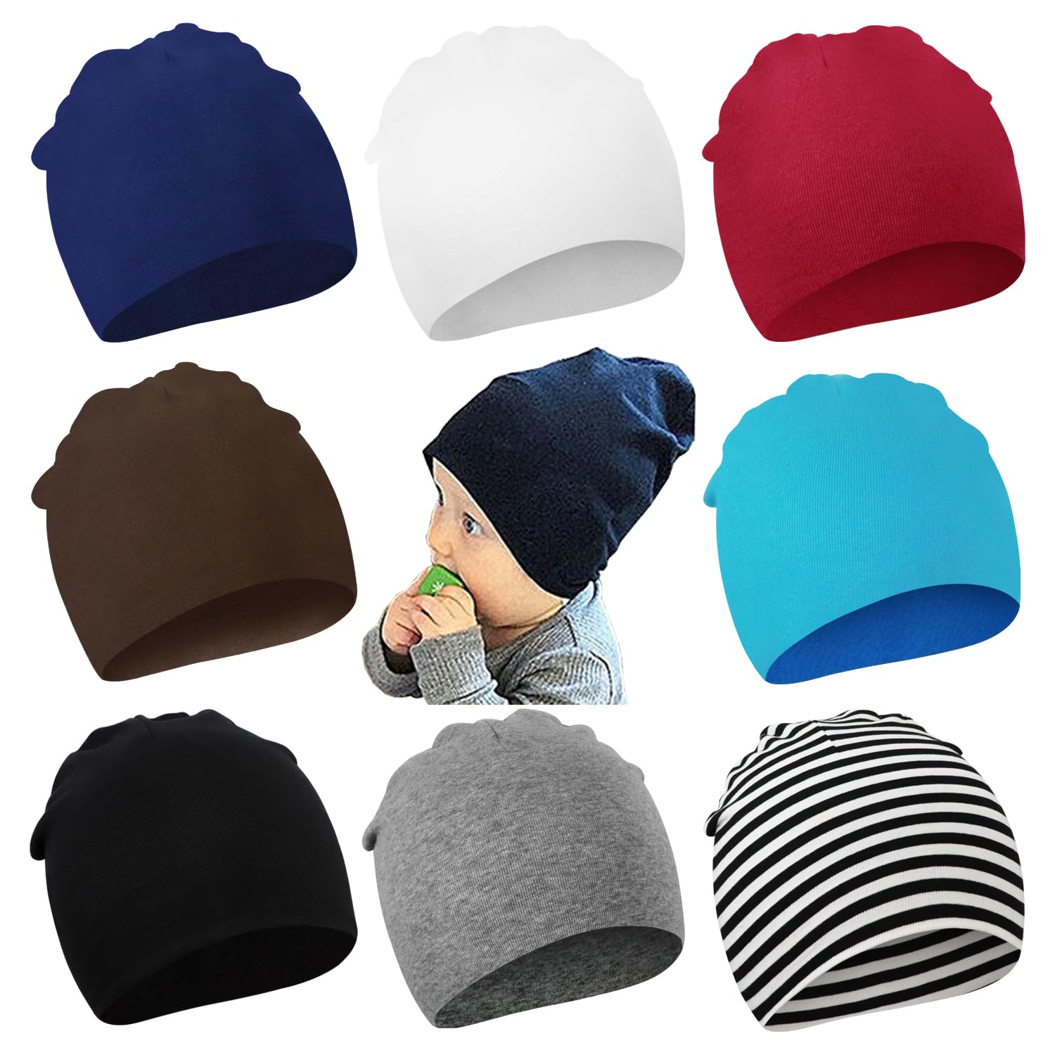 DRESHOW 8 Stücke Unisex Mütze Hut Junge Mütze Frühling Mützchen Kleinkind Wendemütze Jersey Slouch Beanie Bekleidung Unisex Infant Hut Kindergarten Mütze