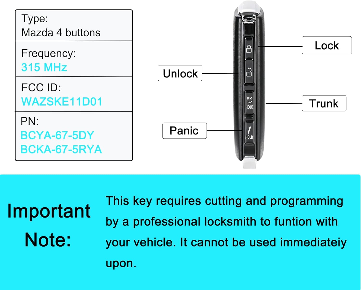 Smart Key Fob for Mazda 3 2019-2023, YIKEBALOG Keyless Entry Proximity Remote Control Key Fob Compatible with Mazda 3 2019-2023 WAZSKE11D01 BCYA-67-5DY