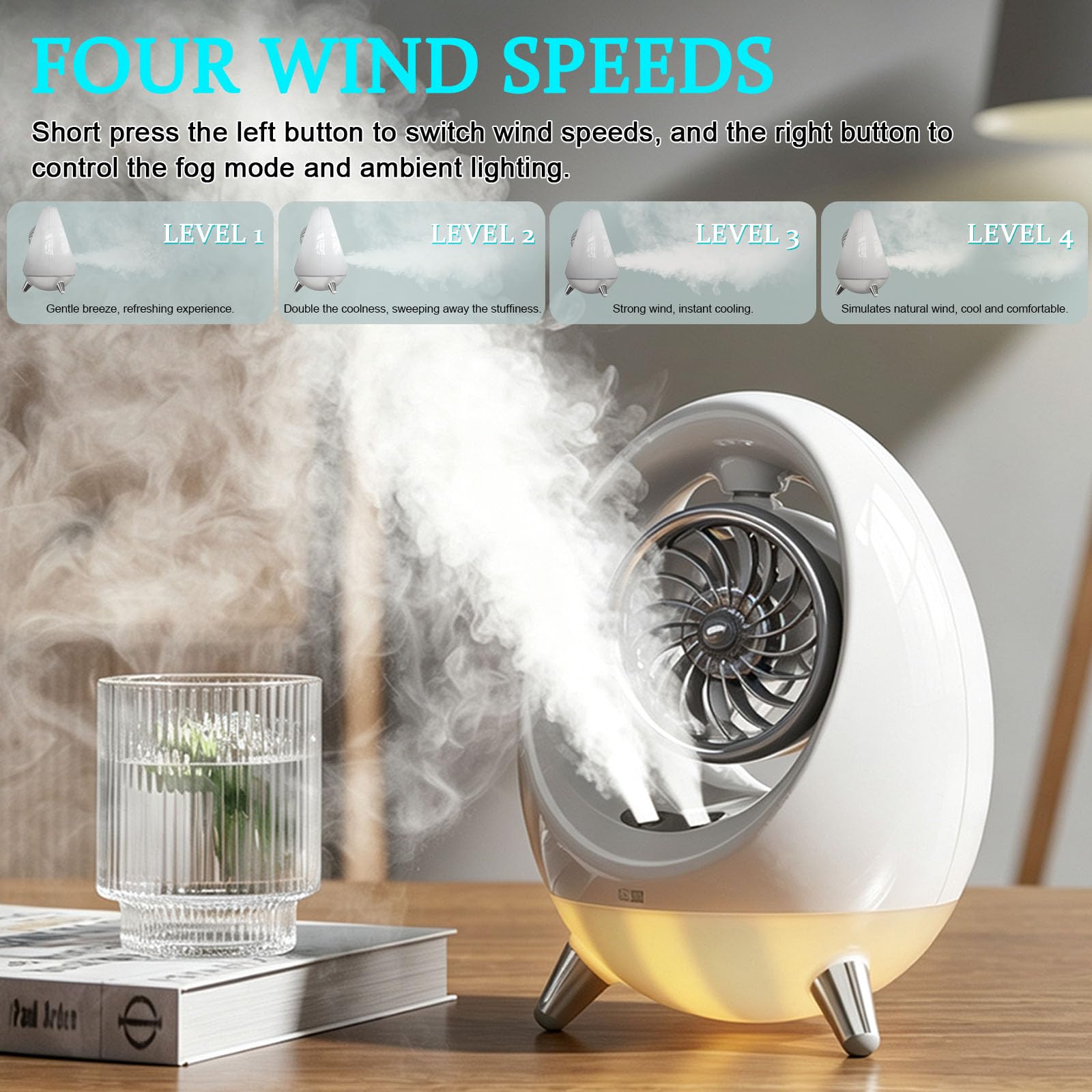 Condizionatore Portatile con Doppia Nebbia, Raffrescatore d'Aria 4 velocità | Mini Ventilatore da Tavolo con Luci LED, Silenzioso, Serbatoio 300ml, Autonomia Fino a 6 Ore, per Camera/Scrivania