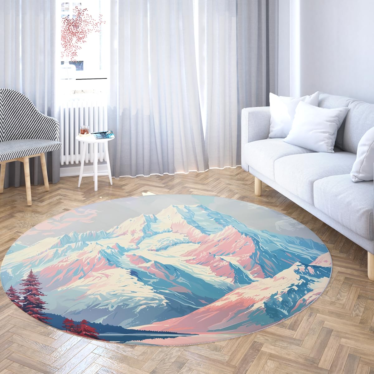 Tapis de salon rond 240cm motif montagne pour chambre et pièce de nuit