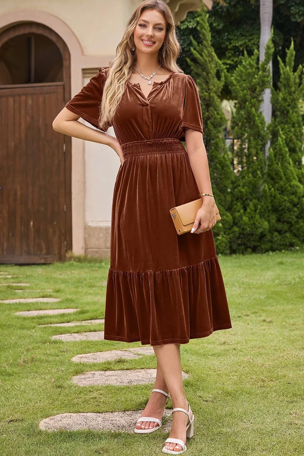 Dokotoo Women's V Neck Short Flared Sleeve Wedding Guest Dress Elastic Waist Tiered Ruffle Hem Velvet Dress - Image 2