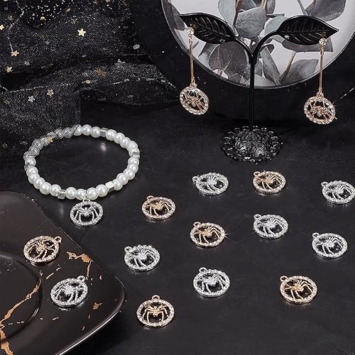 Miniatura 4 de SUNNYCLUE 1 caja, 20 dijes de araña grandes con diamantes de imitación dorados, dijes de araña, plata para Halloween, vacaciones, góticos, arañas de