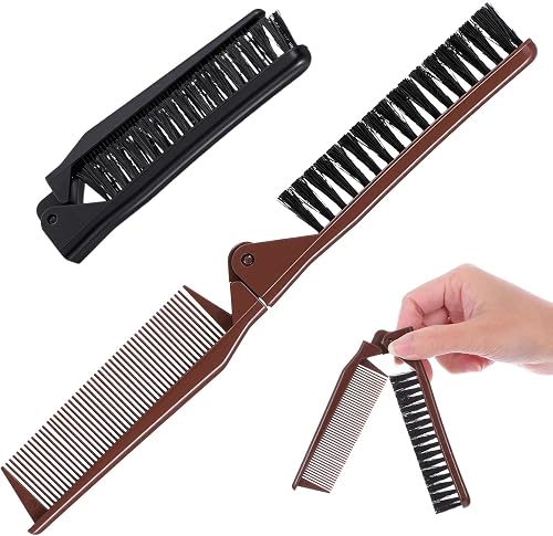 2 PCS Double Teeth Folding Comb, Double Headed Anti-static Comb, Portable Foldable Pocket Bristle Hairstyle Brush, Travel Foldable Hair Combs Brushes for All Hair Type Hairdressing (Black, Brown)