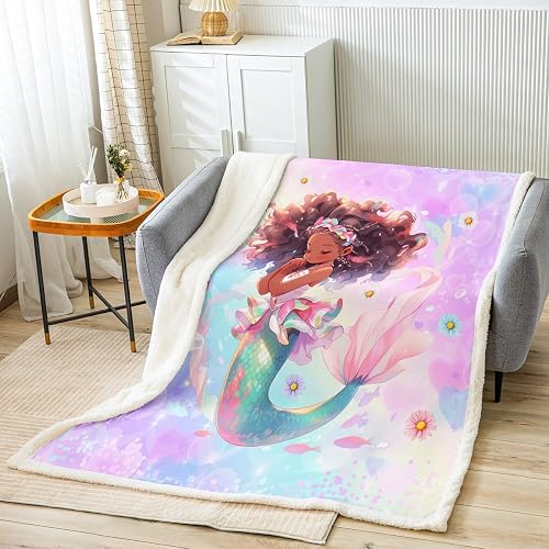 Castle Fairy Black Girls Mermaid Throw Blanket,African Theme American Fleece