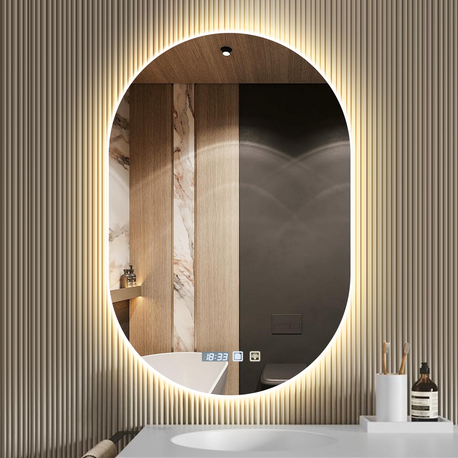 Sararoom Espejo Baño con Luz 75×50cm, Luces de Baño Espejos de pared con Reloj, Función Antivaho, 3000K/4000K/6500K, Regulable, Memoria, Cristal Templado HD, IP44 Espejos de Tocador LED Retroiluminado