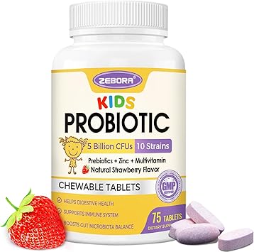 مضغ بروبيوتيك للأطفال لصحة الجهاز الهضمي مع 5 مليار وحدة CFUs و Prebiotics و Probiotics للأطفال من أجل صحة الأمعاء ودعم المناعة وامتصاص المغذيات وفيتامين C والزنك و 75 حصة ونكهة الفراولة