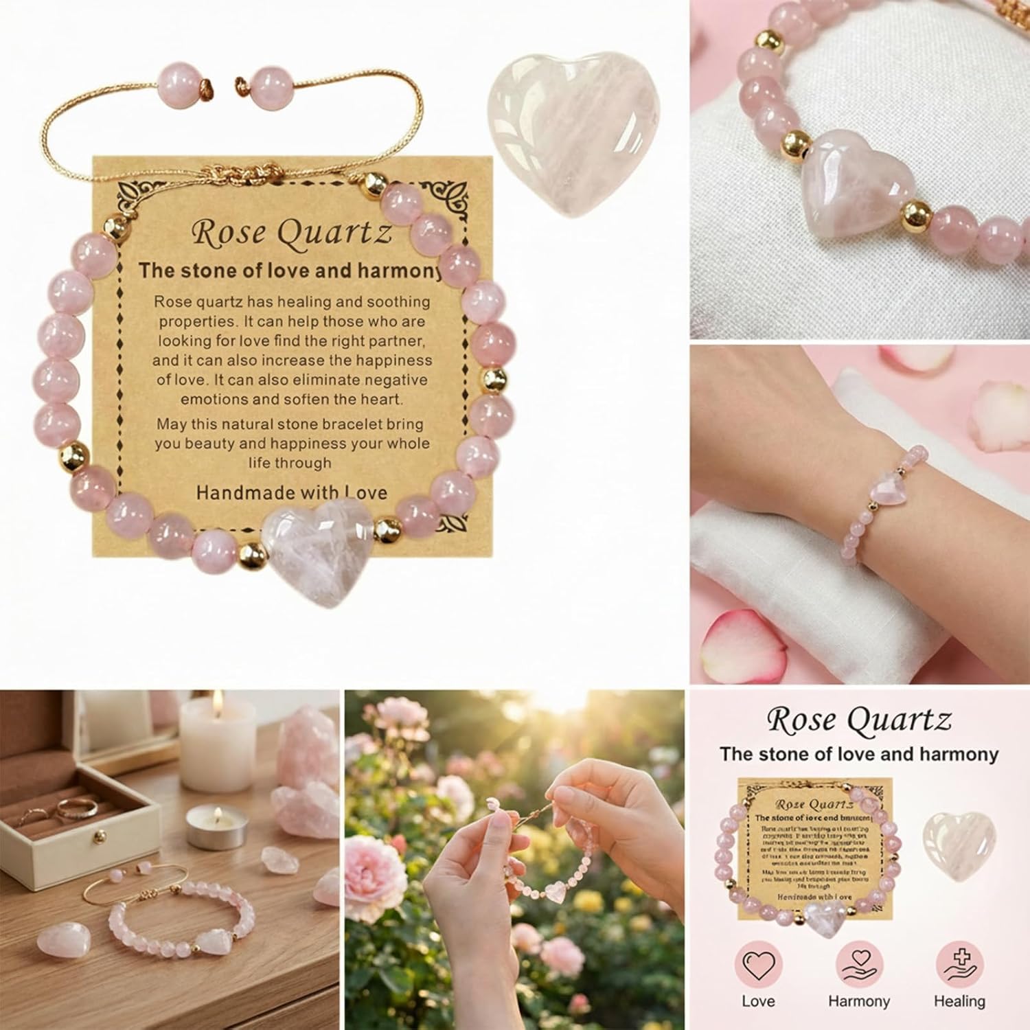 Dulovkpt 6mmHeart Crystal Beaded Bracelets for Women and Rose Quartz Healing Anxiety Stone Handmade Pink Natural Stone Bracelet Stretch Bracelet Gemstone Reiki Spiritual Valentine DayJewelry Gifts - Image 7