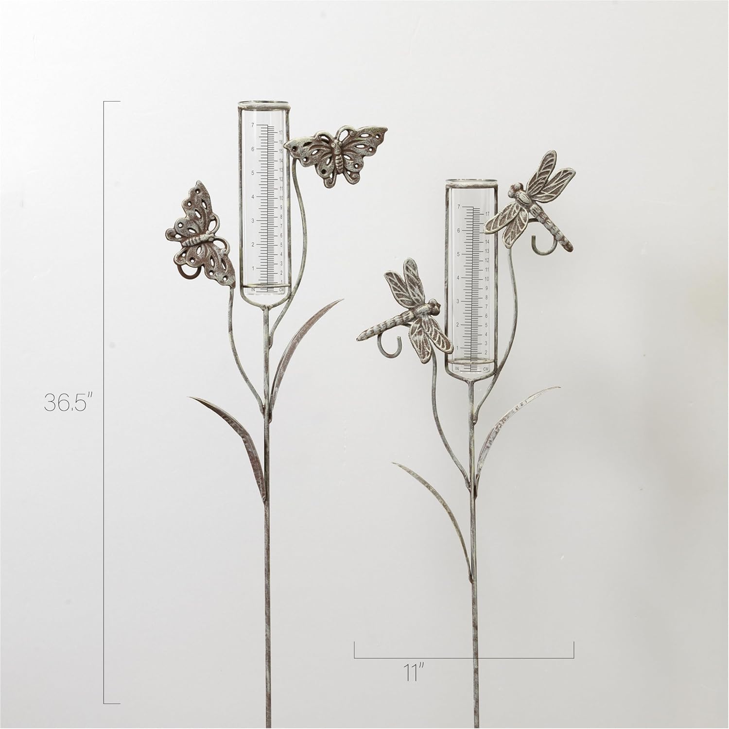 36.5 Inch Metal Garden Butterfly Yard Stake with Rain Gauge