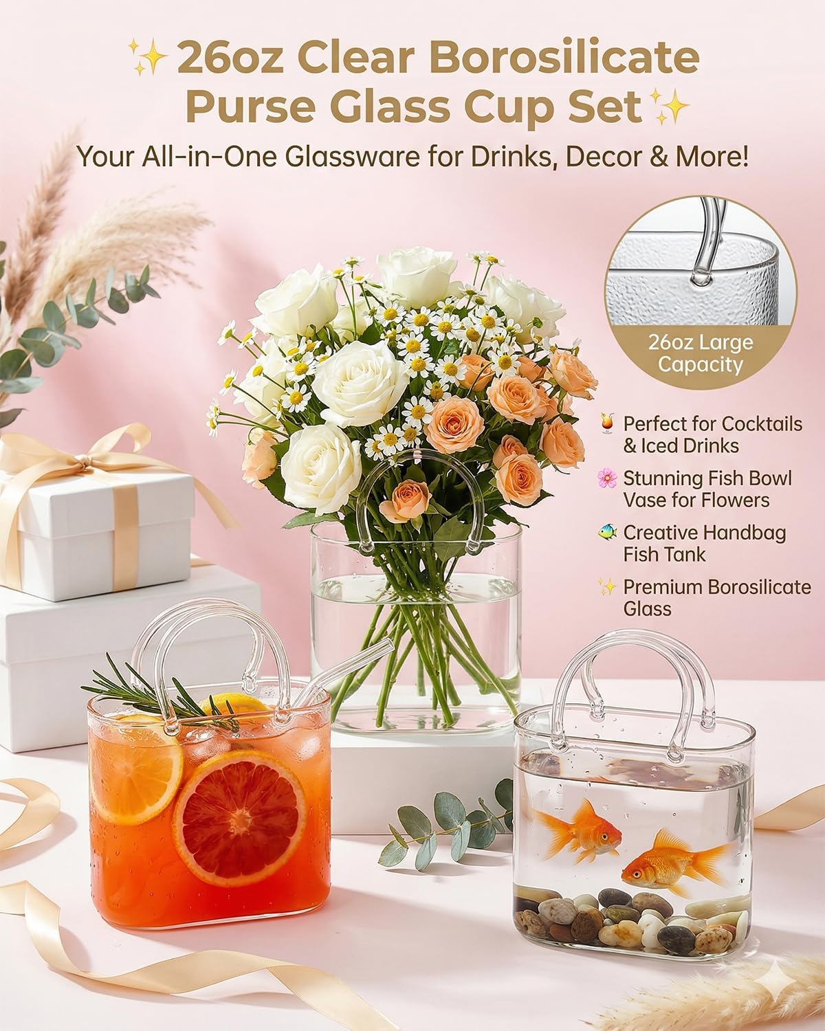 Purse Glasses for Drinks, 26oz Clear Borosilicate Purse Glass Cup with Handle & Straw for Cocktails, Juice, Iced Drinks, Fish Bowl Vase, Creative Handbag Glassware for Home Bar Party