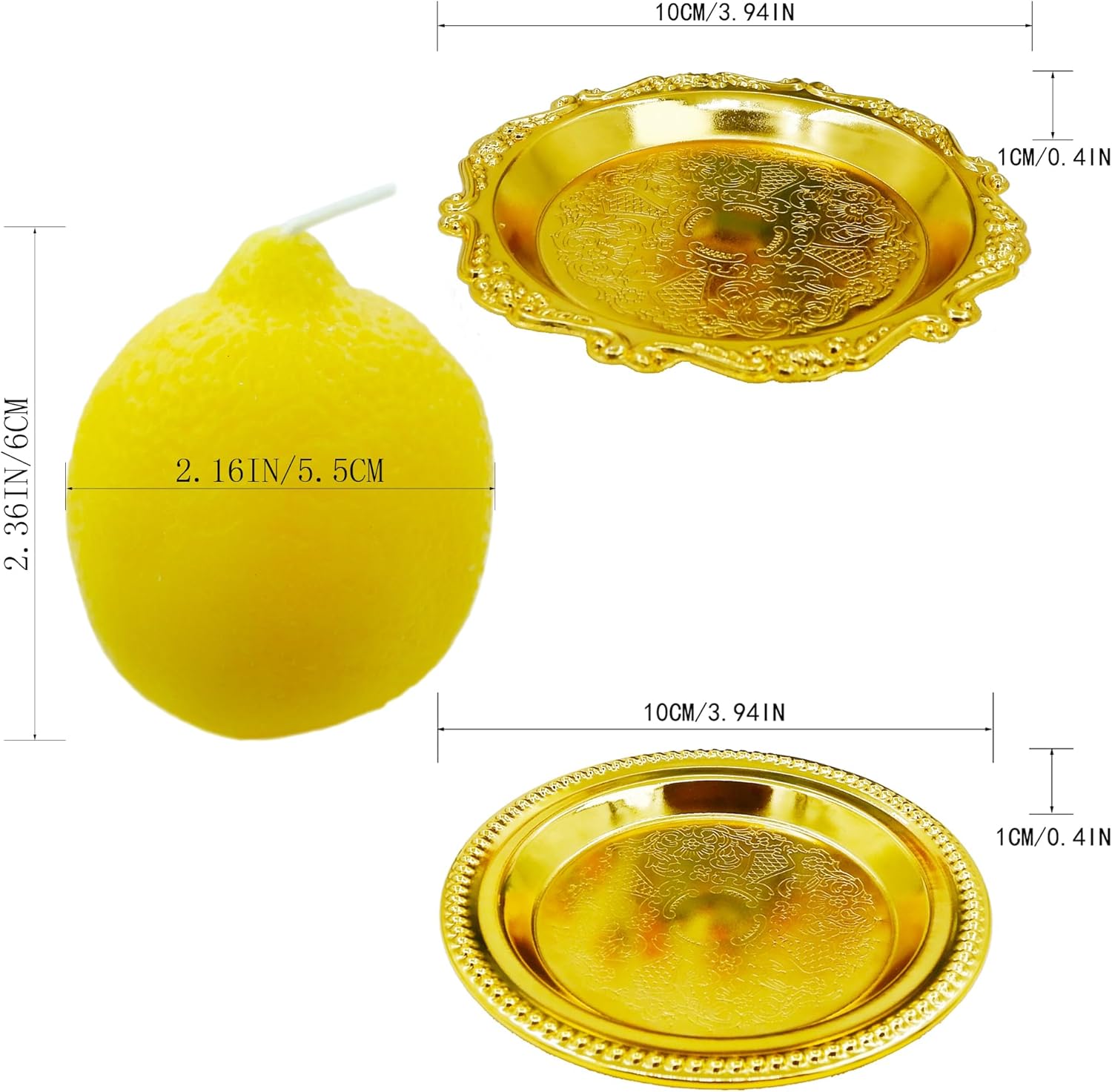 Lemon Shaped Scented Candles 2 Pack with Gold Metal Trays, Natural Soy Blend Wax Aromatherapy Candles, Smokeless Non-Toxic Fruit Decorative Candles for Home Bedroom Bathroom Spa Wedding Birthday Gifts