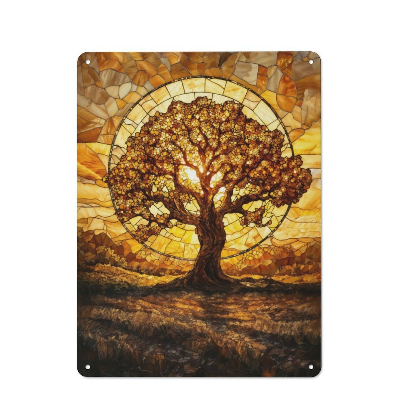 Junmoney Amber Tree Stained Glass Vintage Tin Sign 40X30cm With For Guest Room Or Hallway, Suited To Wall Displays In Guest Rooms And Hallways
