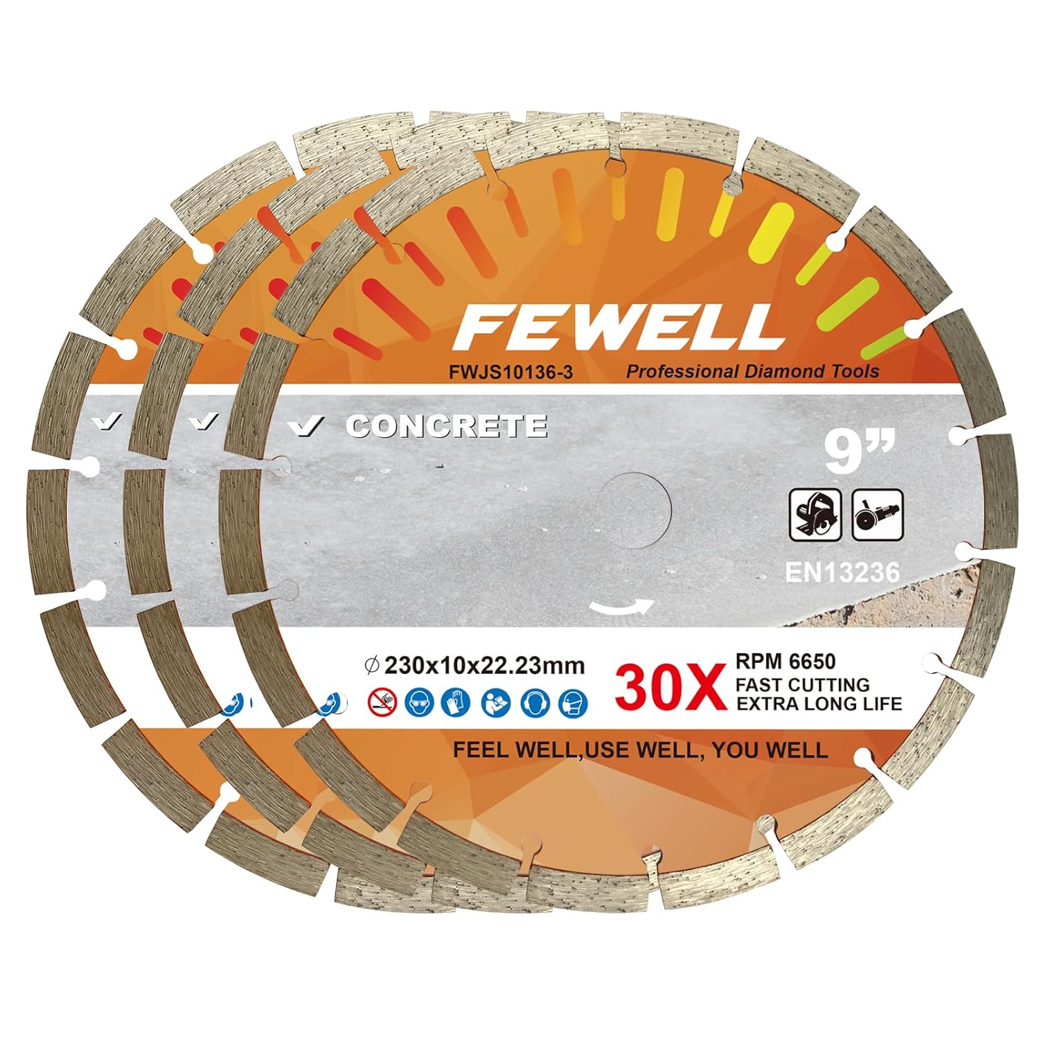 FEWELL 9 Inch Diamond Blade, Segmented General Purpose Blade Dry/Wet Cutting Concrete, Masonry, Brick, Block，Stone (3 Packs)