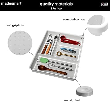 madesmart 4 Compartment Drawer Organizer, Multi Purpose Storage for Utensils, Office Tools, Cords, Small Household Items, Tech Accessories, Arts & Crafts Supplies, Non Slip Lining, White