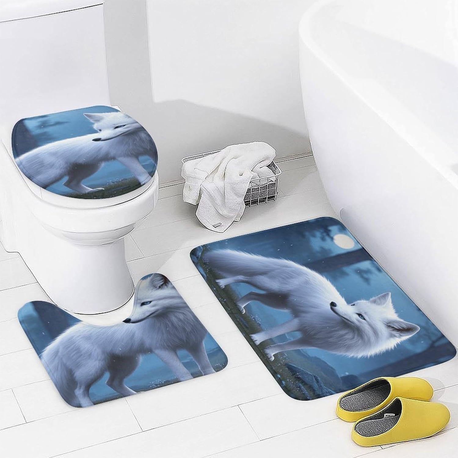 Arctic Fox Bath Rug Set 4 Piece,Bathroom Accessories Set-Toilet Rugs U Shaped,Toilet Lid Cover,Shower Curtain and Rugs,Ultra Soft, Absorbent,Home Decor