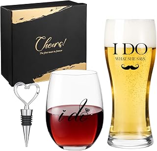 AW BRIDAL Engagement Gifts for Couples 2025, Mr Mrs Wine Glasses and Beer Mug Set, Newlywed Gift for the Couple, Bride and Groom Glasses for Wedding Bridal Shower, Bride to Be Gifts with Wine Stopper