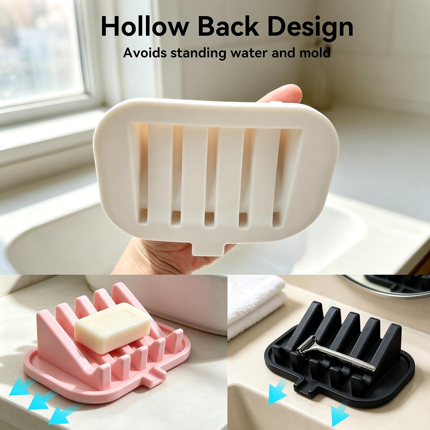 Silicone Waterfall Self‑Draining Soap Dish & Holder for Shower Sink, White