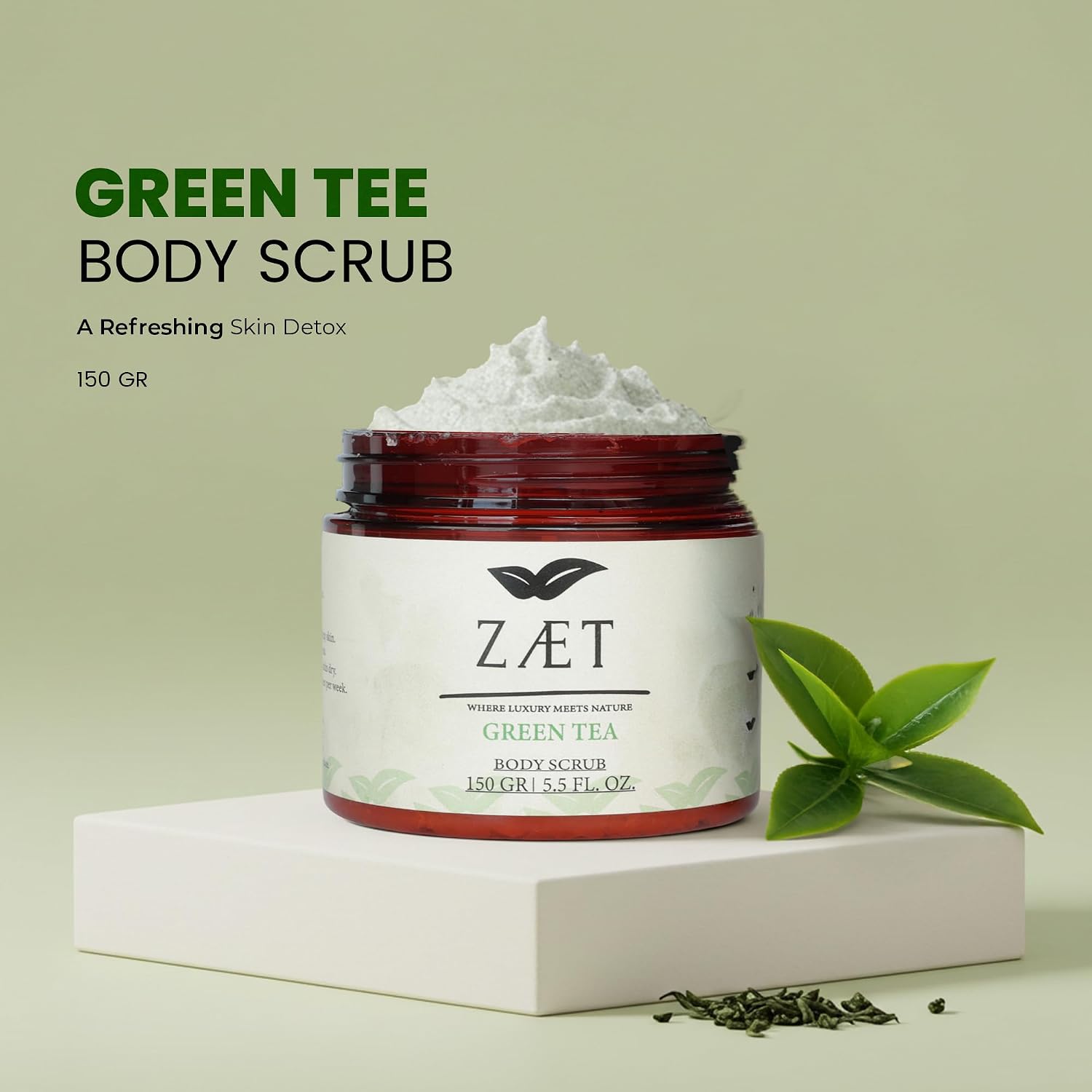 Exfoliating Body Scrub Green Tea Scent 5.5 Fl Oz – Nourishing, Hydrating & Moisturizing – Non-Greasy Formula for All Skin Types – Made with Vegetable Glycerin, Coconut Extract & Sweet Almond Oil