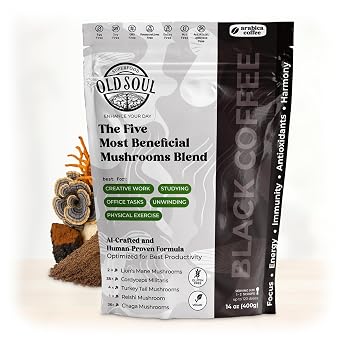 OldSoul Superfood Mushrooms Black Coffee Blend | 5-Mushroom Formula Lions Mane, Cordyceps, Reishi, Turkey Tail, Chaga | Arabica Coffee | Energy, Focus, Immunity | 14 oz 400 g
