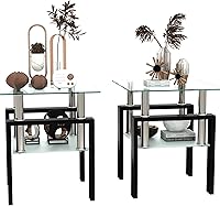 Vista 17 de Juego de 3 mesas de centro de vidrio con marco de metal negro para sala de estar