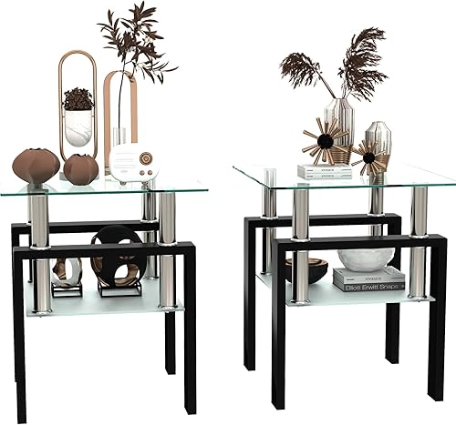Juego de 2 mesas auxiliares de cristal, mesa de cristal pequeña, mesa auxiliar negra con parte superior de vidrio templado, marco de metal, para