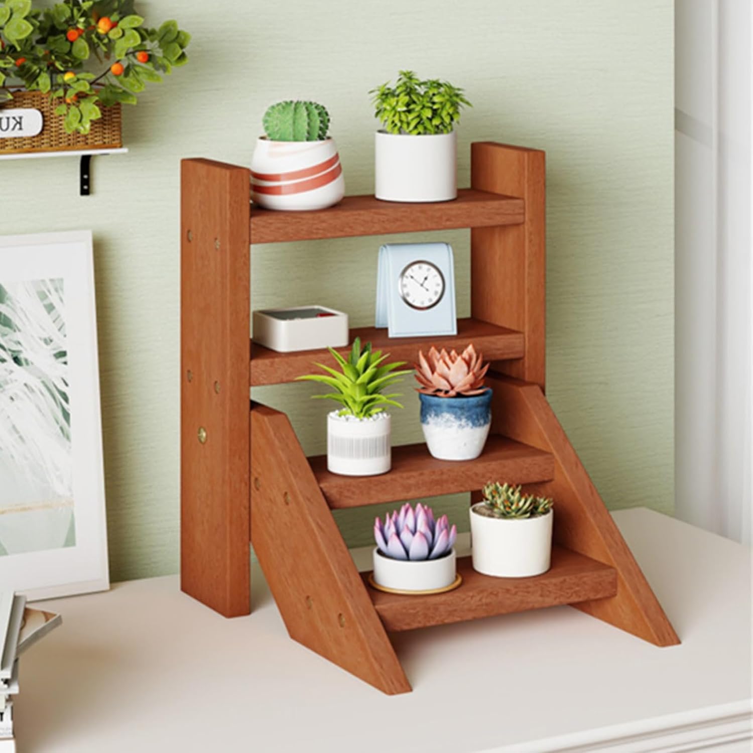 Solid Wood Plant Stand, Balcony Plant Shelf, 4-Tier Triangular Stable Ladder Flower Rack for Indoor Outdoor Home Balcony