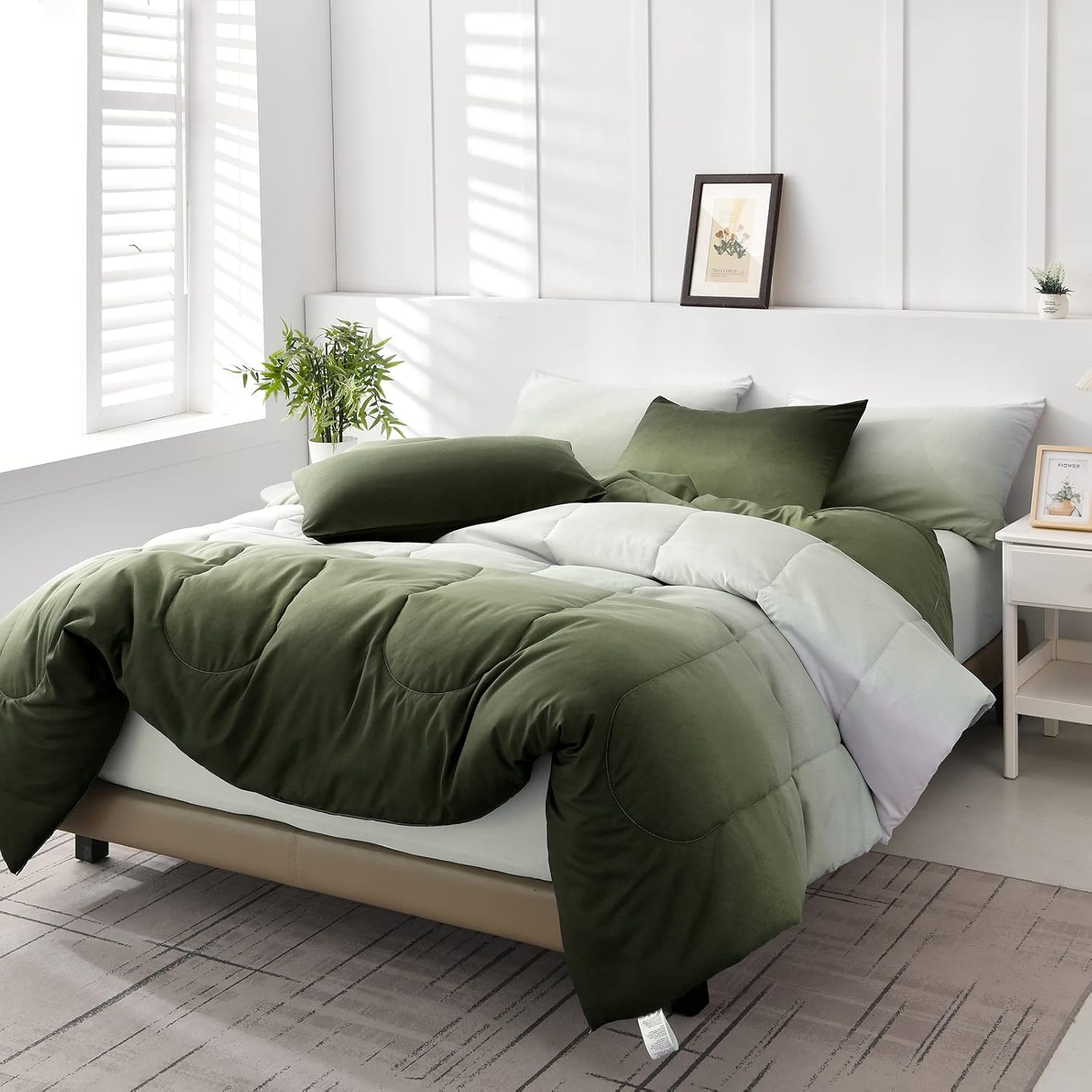 Anibedding Comforter Set Queen Green 7 Pieces Gradient Olive Green Lightweight Bed in a Bag Queen Size Set, All Season Complete Bedding Set with Flat/Fitted Sheet, Pillowcases Pillow Shams