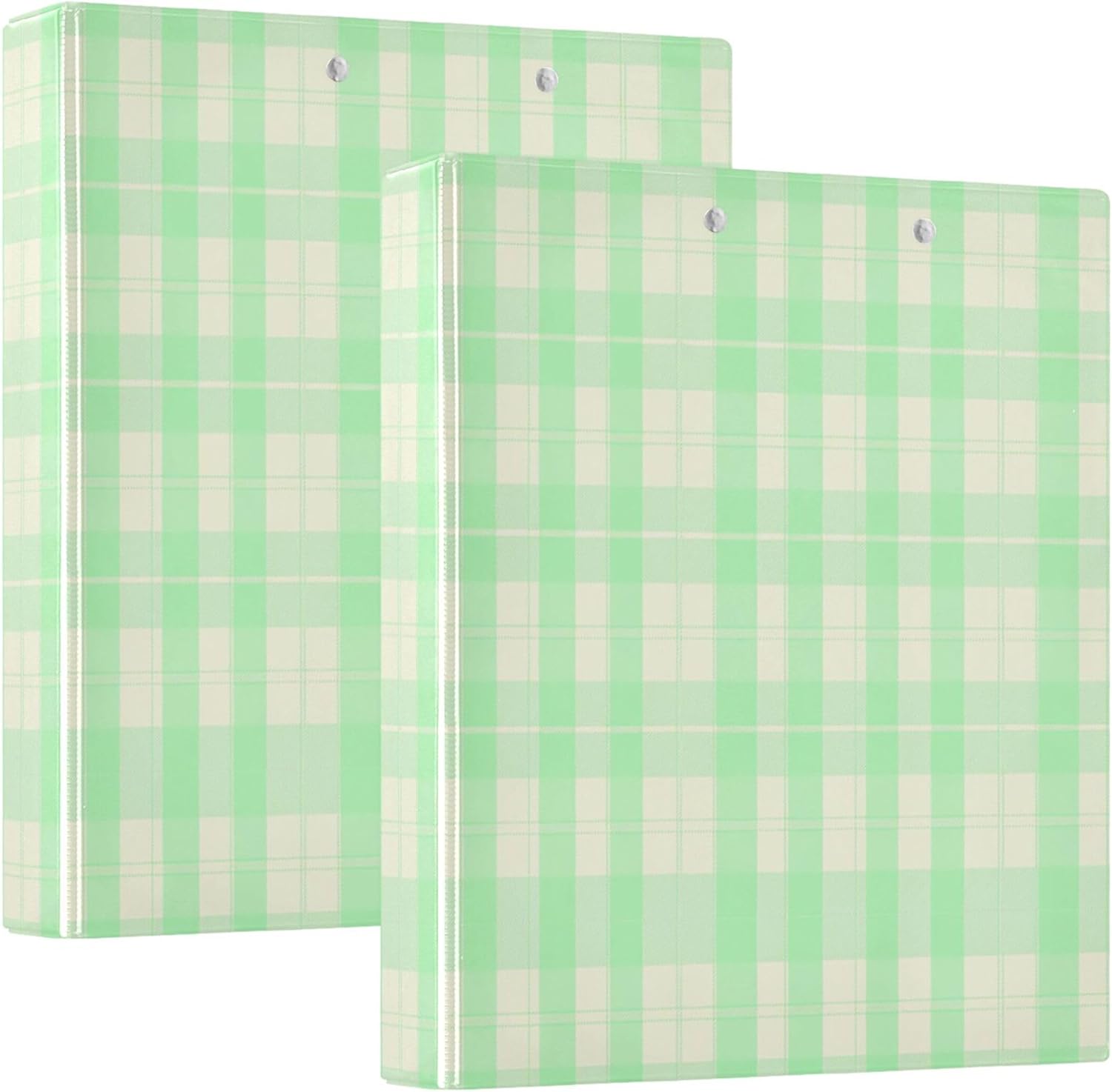 Green and White Plaid 3 Ring Binders, 1.5” Round Ring Binders with Clipboard - Letter Size, 3 Interior PVC Clear Pockets & Anti-Slip Clip for Office School Supplies, 2PCS