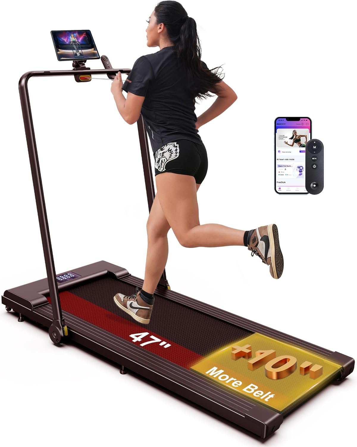 Lichico 8.7 MPH Walking Pad Treadmill with BLDC, 47"x16" Super-Long Desk with Handle bar, Compact Under Desk Treadmill for Home Office, Walking Running Machine with Remote Control, Pitch Black