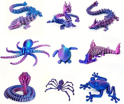 9 Pcs 3D Printed Animals & Dragon Figurine Set Red-Blue | Includes Crystal & Rose Dragon, Octopus, Shark, Cobra, Turtle, Frog, Spider, Multi-Jointed Dynamic Desktop Fish Tank Decor