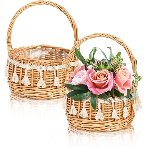 2 Pack Flower Girl Basket, Small Wicker Basket with Silk Petals, White Ribbon, Plastic Liner, Decorative Woven Willow Rattan Basket for Wedding, Gifts, Camping, Home Decor