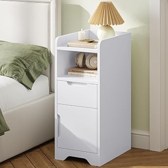 Brinlawb Narrow Bedside Table with 1 Open Compartment 1 Drawer and 1 Cabinet with Door Side Table Narrow Sofa Table Nightstand for Living Room Bedroom Perfect for Small Corner White